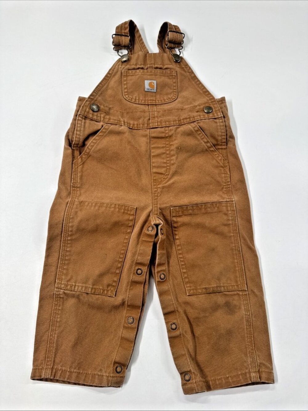 Carhartt Brown Canvas Cotton Overalls One-Piece Bibs Baby 18M Snap Pockets Logo